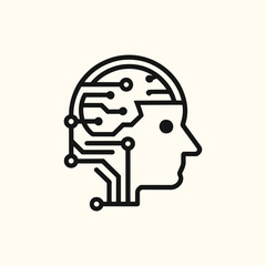 A black and white drawing of a brain with wires and circuits