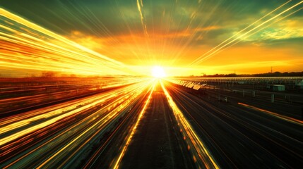 Obraz premium A time-lapse effect of the sun moving across a solar farm, showing energy production throughout the day.