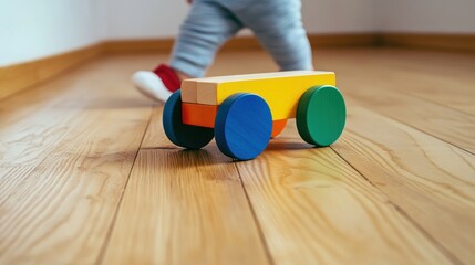 Toddler's Colorful Wooden Toy Car on Hardwood Floor