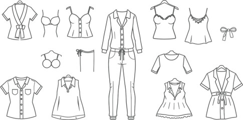Women s Pajamas and Lingerie Collection Line Art Illustrations of Sleepwear and Underwear