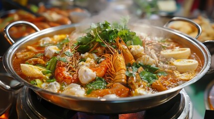 A traditional Thai hot pot with steam rising, filled with seafood, vegetables, and fragrant herbs.