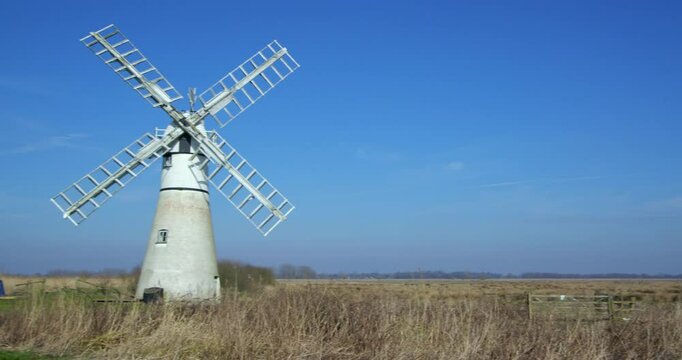 Wide shot panning right to left on to the Thurne mill, on the river Thurne,