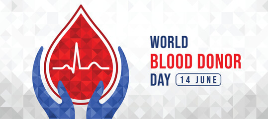 World blood donor day - Blue hands hold red drop blood with heart wave sign low poly triangle texture style vector design