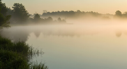 Fototapeta premium Early Morning Serenity Mist Rising Over the Calm Lake Landscape
