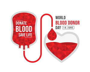World blood donor day - Red Blood bag stream drop blood to heart shape with low poly triangle texture vector design