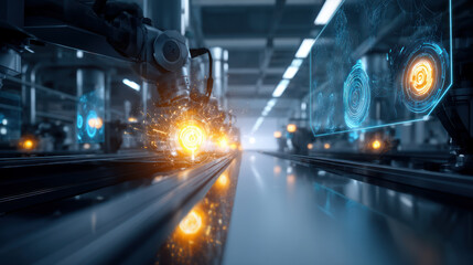 Robot in a high-tech manufacturing facility with glowing interfaces and metal surfaces reflecting light. Artificial Intelligence, Futuristic Digital Technology, Metaverse of Digital Intelligent World