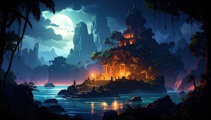 Mysterious Ancient Island with Ominous Ruins and Tribal Rituals