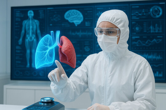 AI generated scientist in sterile suit interacts with a half real half holographic lung in a high tech lab filled with glowing medical data - Powered by Adobe