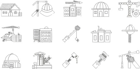 Set of hand-drawn vector sketch icons of houses, architectural drawings, and building project blueprints