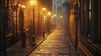 Fototapeta premium A vintage-style street with old-fashioned lampposts casting warm yellow light on the brick road.