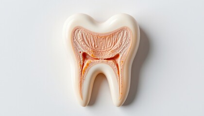 A detailed cross-section model of a human tooth, showcasing its internal structure.