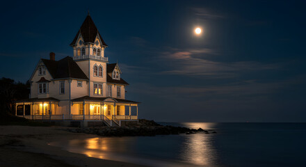 Majestic Coastal Mansion Shines Under the Luminous Glow of the Moon