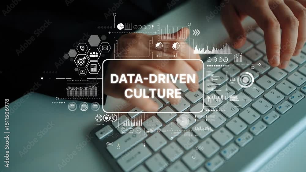 Poster Hands Typing on Keyboard with Data-Driven Culture Concept, Digital Analytics and Visualizations in Background for Business Use. Asymptotic smart data analytic.