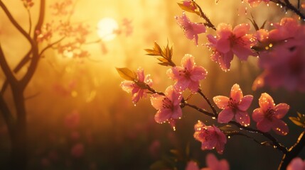 Delicate pink cherry blossoms with morning dew, glowing softly in the golden sunrise.