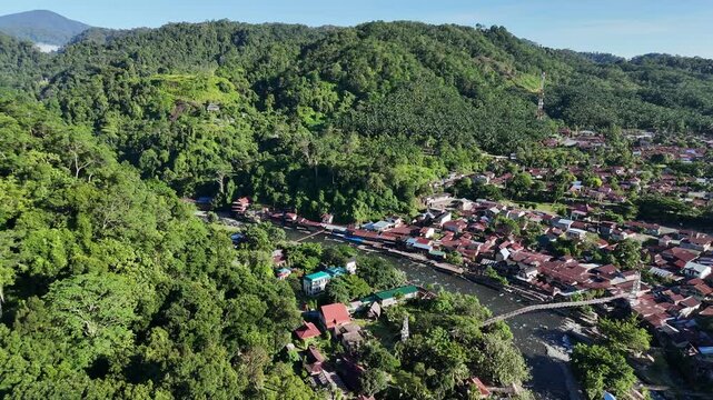 Aerial drone view of small indonesian village city town north sumatra bukit lawang