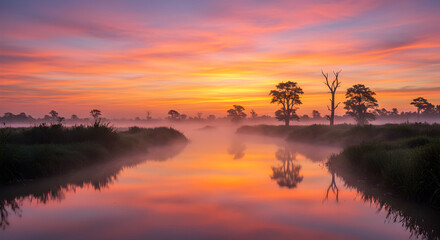 Naklejka premium Serene Sunrise Landscape With Foggy River Reflection in Colorful Sky