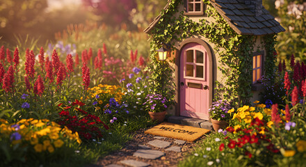Enchanting Fairy Cottage Nestled in Vibrant Flower Garden At Sunny Day