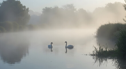 Naklejka premium Majestic Swans Gliding On A Serene Lake At Dawn In Hazy Fog