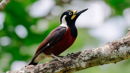 Naklejka premium Colorful bird perched on a tree branch in lush green environment