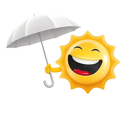 Happy sun character holding a white umbrella on a black background  isolated on transparent background, no background
