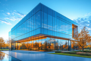 Glass facade of new building reflecting dusk sky.
