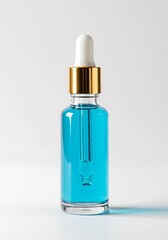 Fototapeta premium Glass bottle of blue serum with gold cap and dropper in a bright studio shot