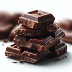 Dark chocolate delight stacked cocoa pieces against white backdrop