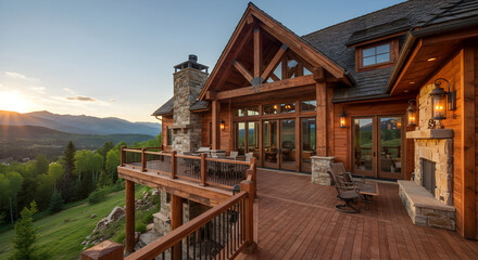 Obraz premium Elegant Mountain Home With Deck and Stunning Sunset Views Over The Forest