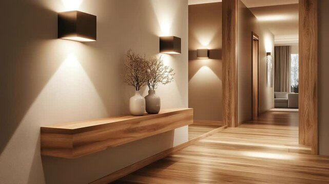 Elegant home interior with modern lighting, wooden floors and minimalist decor creates warmth