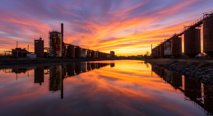 Fototapeta premium Industrial Twilight Reflections Dramatic Sunset Sky Over Refineries