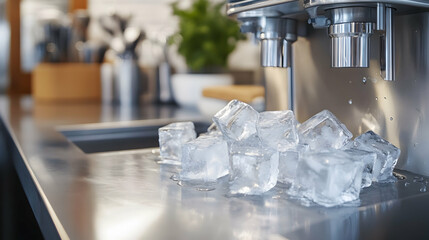 Stainless steel ice cube maker dispensing ice cubes on a commercial kitchen countertop with a polished finish