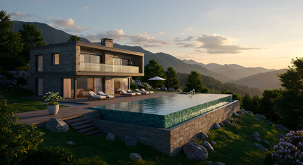 Fototapeta premium Luxury Villa With Infinity Pool Overlooking Beautiful Mountain View at Sunset