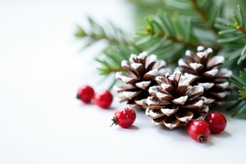 Snow-dusted pine cones & berries against a pure white surface, holiday, christmas decor