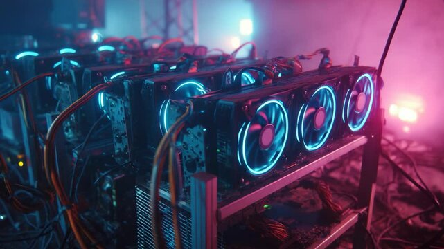 Advanced graphics processing units rack neon illumination cryptocurrency mining operation