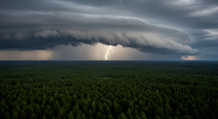 Dramatic Landscape With Lightning Strike Over Forest And Stormy Sky