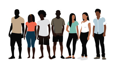 Fototapeta premium A graphic image of a group of people in various poses, rendered as simple black silhouettes against a white background.