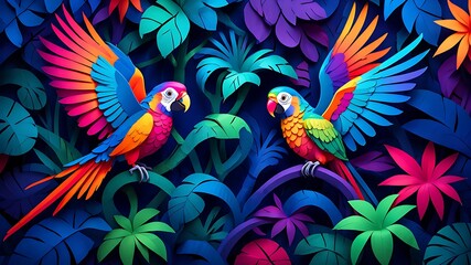 Fototapeta premium Two Colorful Paper Cut Parrots in a Tropical Jungle Setting