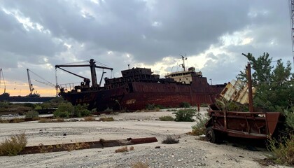 Abandoned Kuwaiti Shipyard with Ghostly Maritime Vessels at Dusk