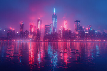 Obraz premium Bright pink light illuminates city skyline.