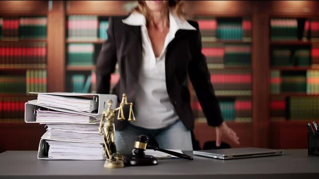 Female Lawyer Carrying Stack Of Ring Binders