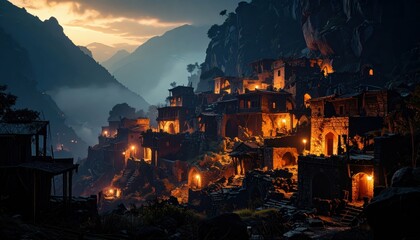 Mysterious Dark Mountain Village at Dusk with Ancient Spirits