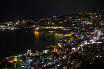 Night view from above of the city of Jounieh. Republic of Lebanon