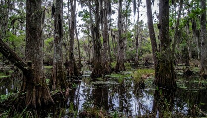 Obraz premium Dark and Abandoned Swamp Landscape in Louisiana with Mysterious Vibes