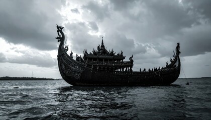 Dark and Eerie Abandoned Royal Barge on Water Under Gloomy Sky