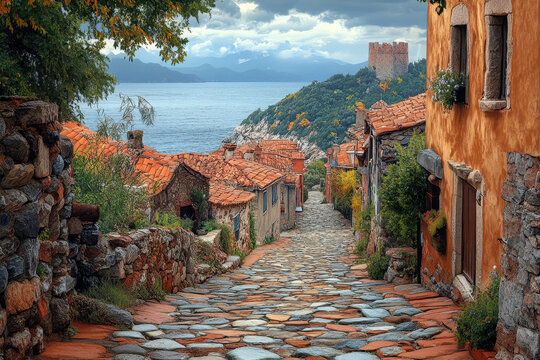 A cobbled road leads to a village on the island of Kos, Greece.