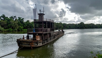 Dark Abandoned Barge on River Under Gloomy Skies