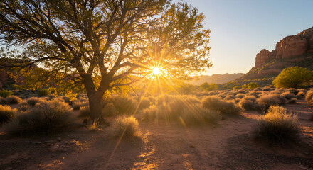 Golden Hour In Desert Landscape With Tree Silhouette And Radiant Sun