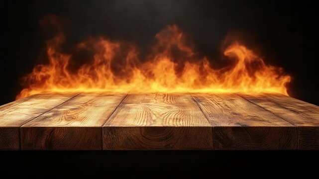 Intense fire flames dancing above a rustic wooden surface in a captivating display