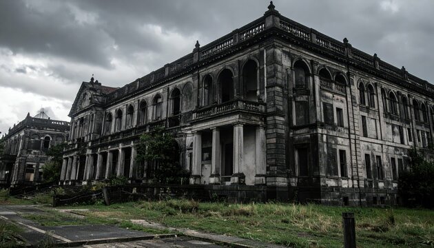 Abandoned Dark Assembly Hall Evoking Historical Horror