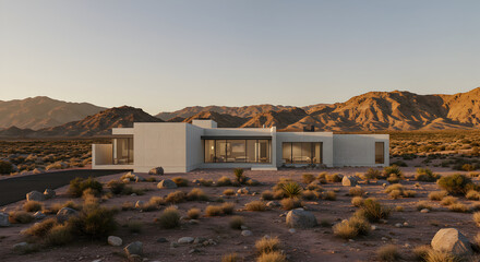 Fototapeta premium Modern Desert Home With Mountain Backdrop At Sunset Or Sunrise